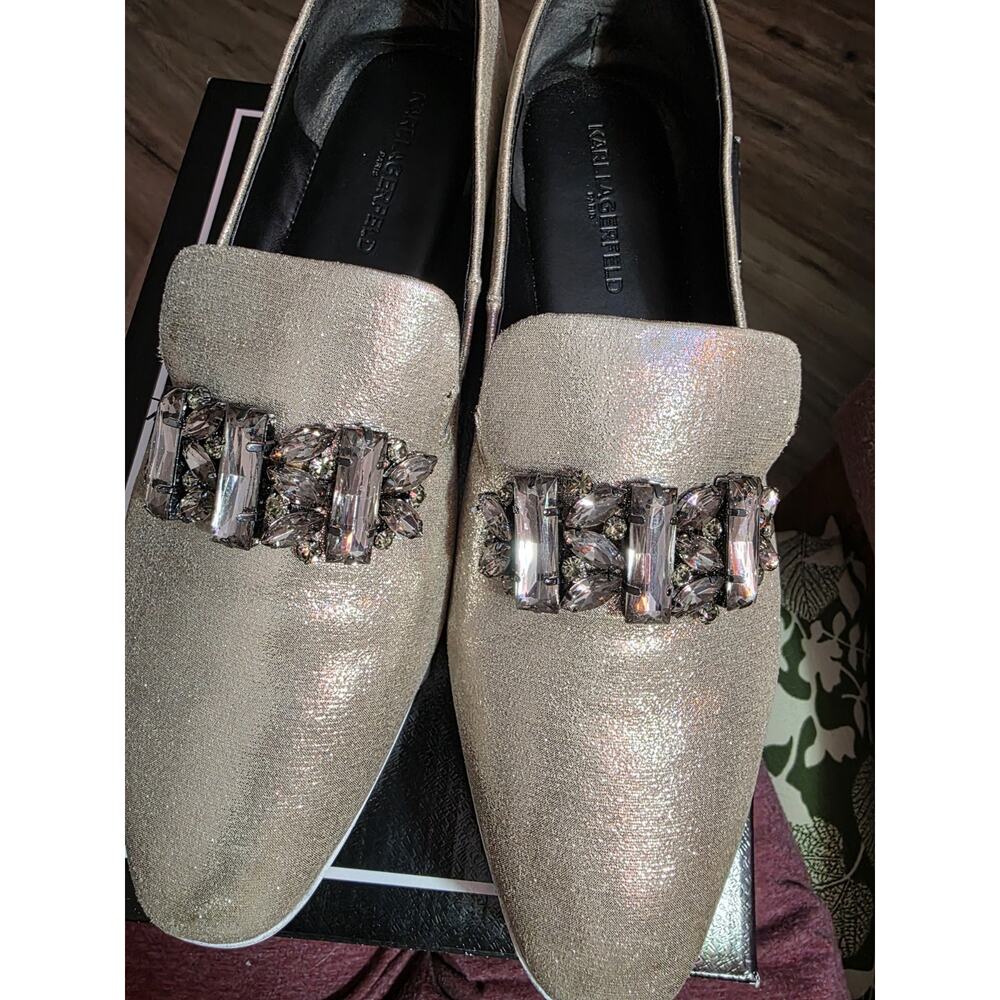 Karl Lagerfeld Paris Bri Loafer Flats Slip On Shoes Cream Rhinestone Womens 10 M